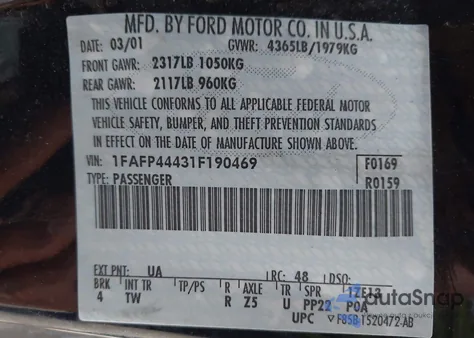 2001 Ford Mustang z USA, uszkodzony, nr VIN 1FAFP44431F190469